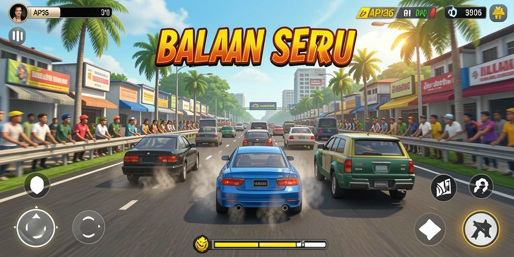 Gameplay seru di API36 dengan mobil balap yang melaju kencang.