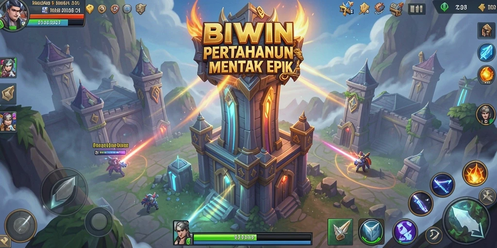 Tangkapan layar utama dari gameplay <strong>BIWIN</strong> menampilkan pertempuran menara yang mendebarkan.