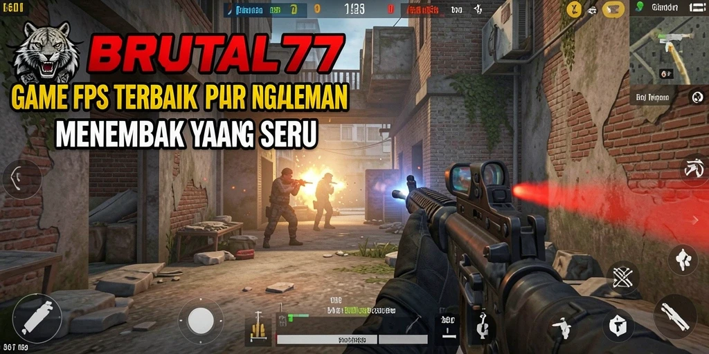 Screenshot gameplay menegangkan dari BRUTAL77 dengan aksi tembakan yang intens.