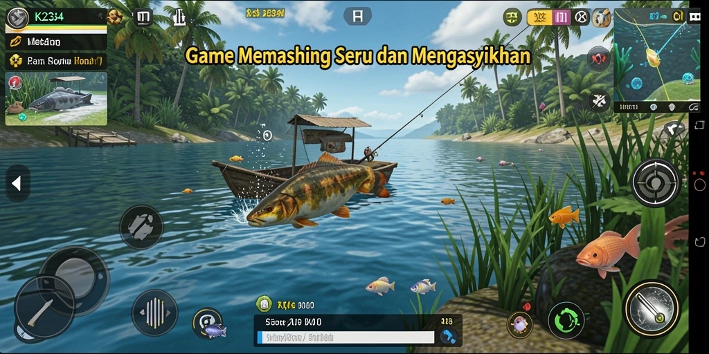 Screenshot K234 menampilkan pemain menangkap ikan besar di lokasi memancing yang indah.