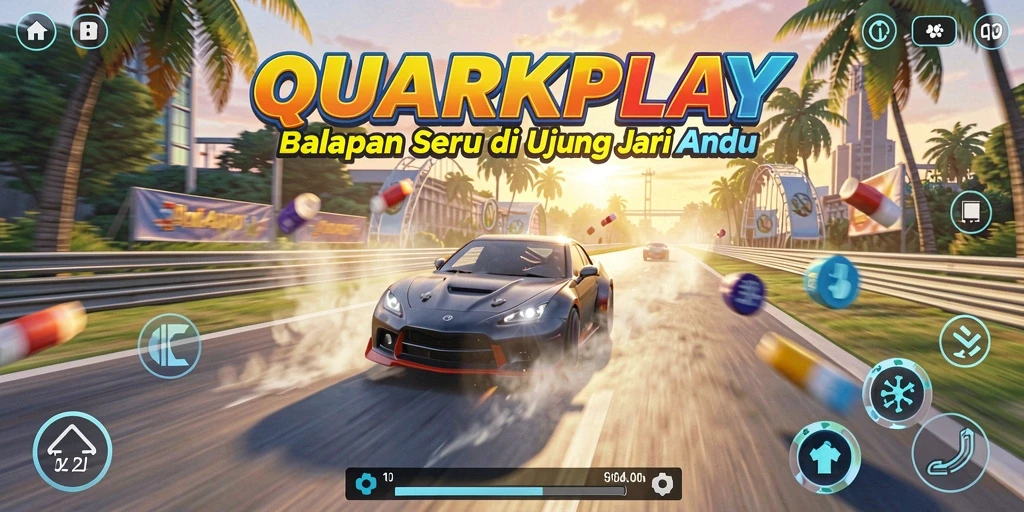 Screenshot gameplay QUARKPLAY menampilkan balapan mendebarkan di trek yang menantang.