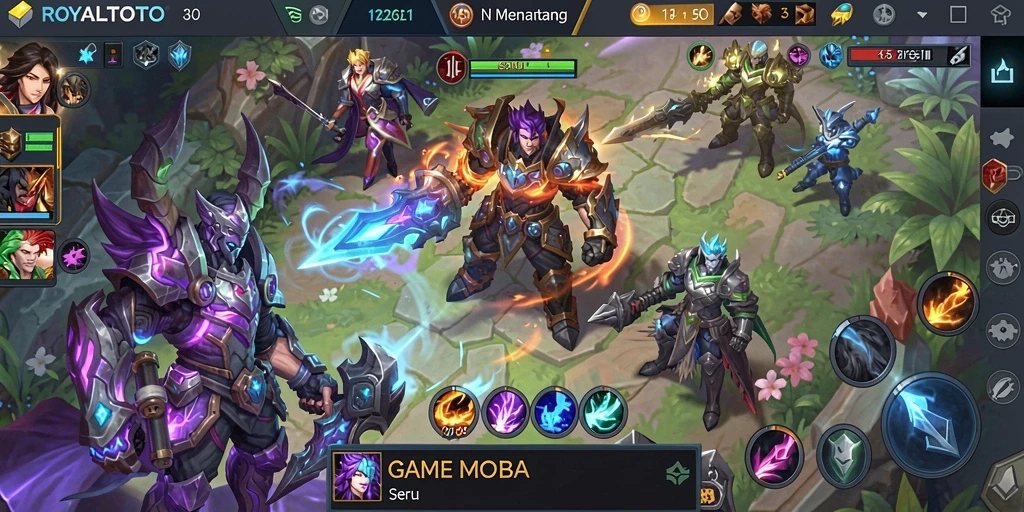 Screenshot gameplay <strong>ROYALTOTO</strong> menampilkan aksi heroik dalam pertempuran MOBA yang intens.