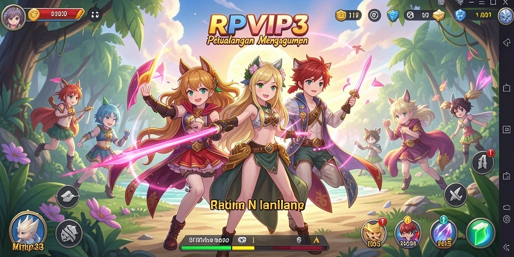 Tangkapan layar <strong>RPVIP3</strong>, menampilkan karakter anime dalam pertempuran seru.