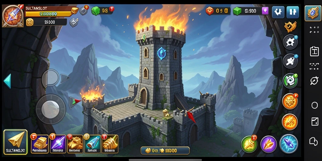 Gameplay SULTANSLOT menampilkan menara strategis melawan gelombang musuh.