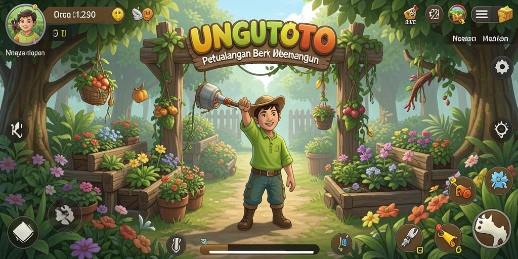 Screenshot gameplay UNGUTOTO menampilkan aktivitas berkebun yang seru.