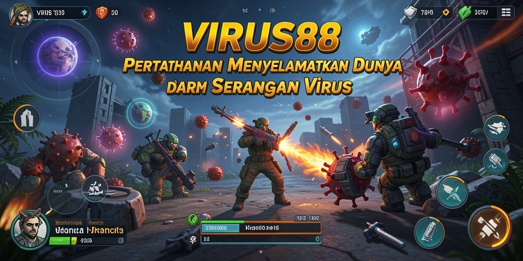 Tampilan gameplay seru dari VIRUS88 menunjukkan pertahanan melawan virus.